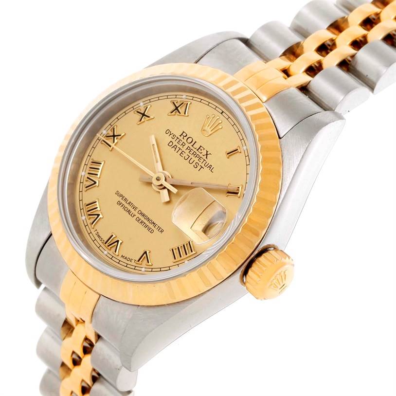 The image shows a close-up angle of a Rolex Datejust 69173 Women's Stainless Steel Champagne Dial 69173 Women's Stainless Steel Champagne Dial watch, highlighting its gold dial, bezel, and two-tone bracelet.