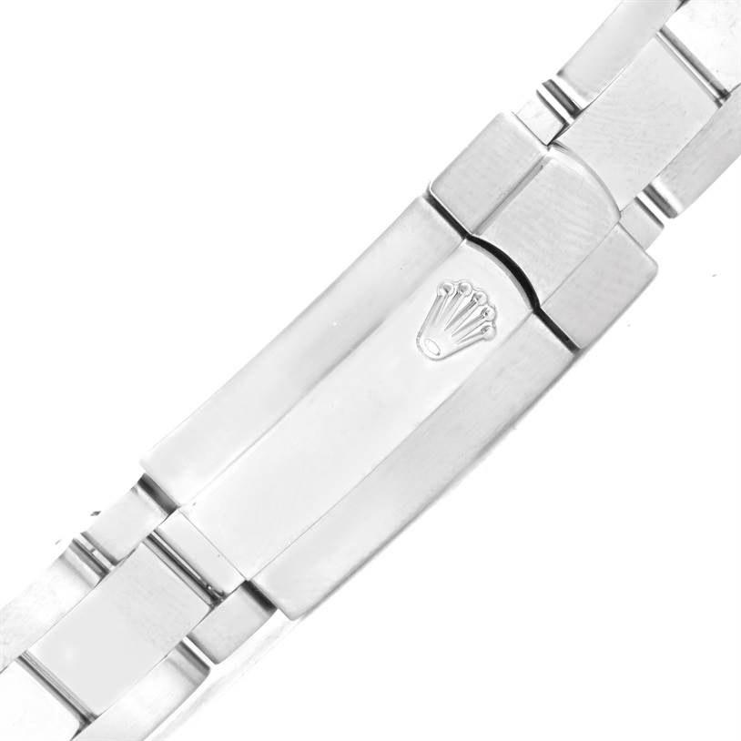 This image shows a close-up view of the clasp on a Rolex Datejust 179160 Women's Stainless Steel White Dial 179160 Women's Stainless Steel White Dial model watch bracelet.