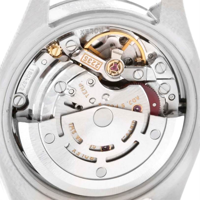 This image shows a close-up of the movement and internal parts of a Rolex Datejust 179160 Women's Stainless Steel White Dial 179160 Women's Stainless Steel White Dial watch.