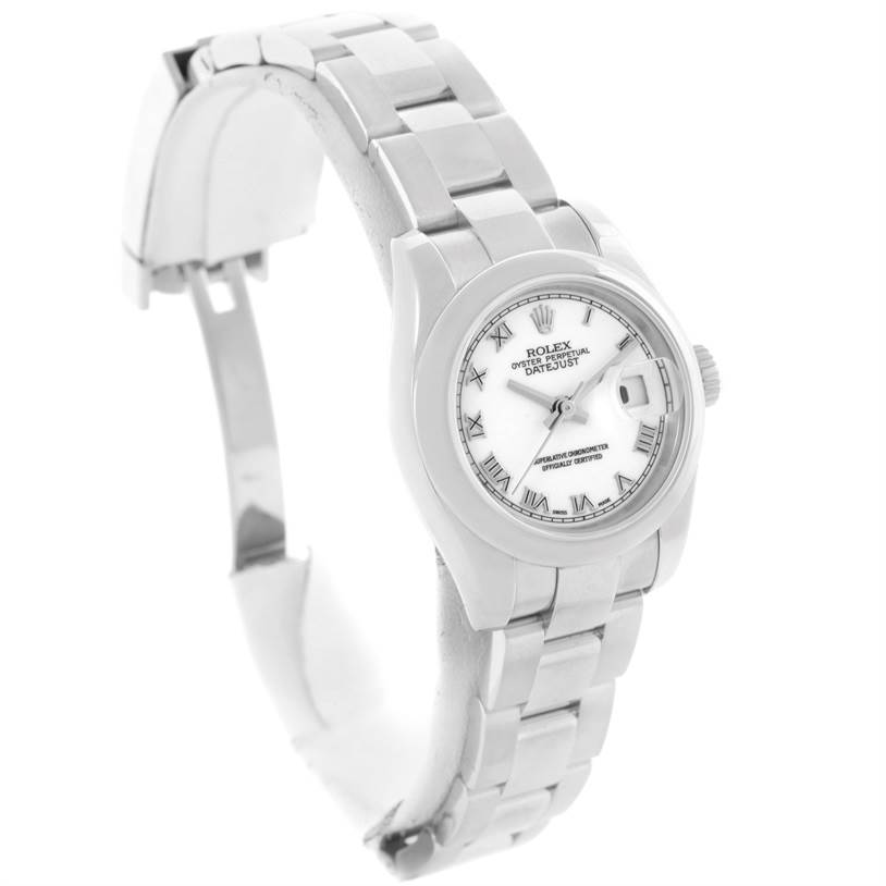 This image shows a Rolex Datejust 179160 Women's Stainless Steel White Dial 179160 Women's Stainless Steel White Dial watch from a side angle, displaying the face, bezel, and part of the bracelet.