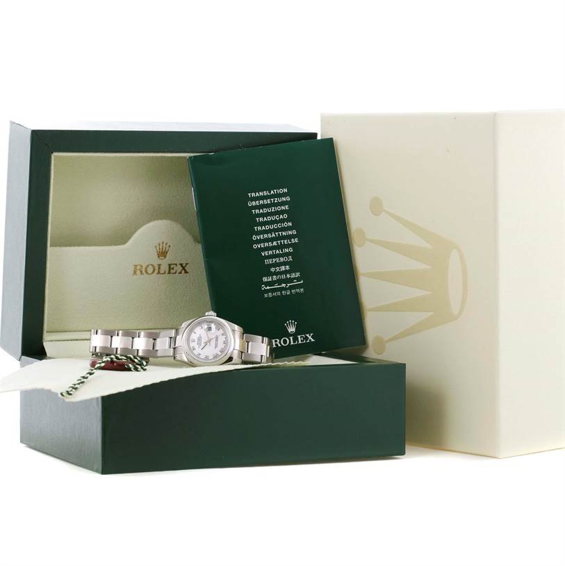 The image shows a Rolex Datejust 179160 Women's Stainless Steel White Dial 179160 Women's Stainless Steel White Dial watch laid flat in its open box along with a manual and packaging.