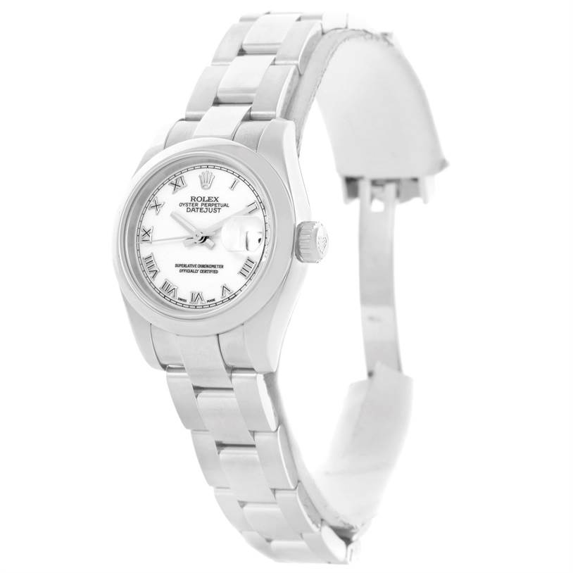 The image shows a Rolex Datejust 179160 Women's Stainless Steel White Dial 179160 Women's Stainless Steel White Dial watch from an angled front view, displaying its face and partially open band.