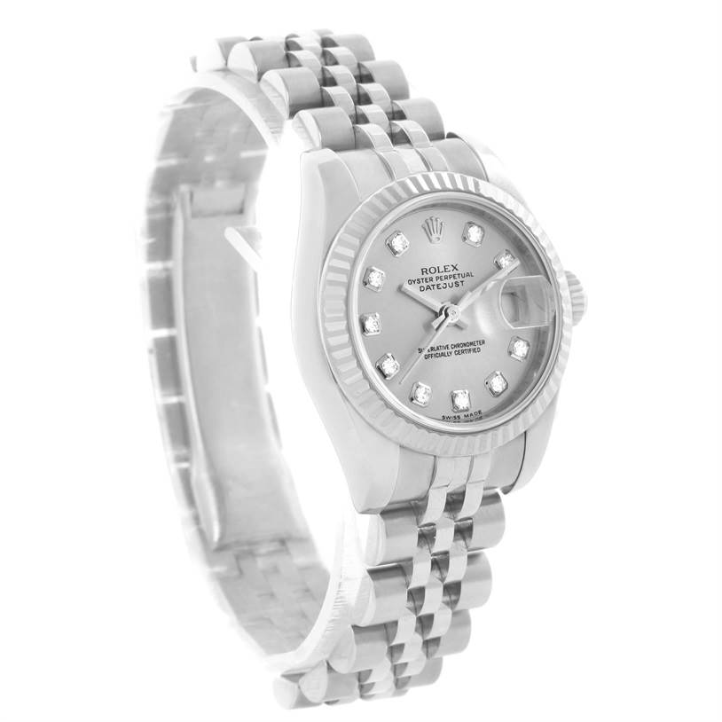 The image shows a Rolex Datejust 179174 Women's Stainless Steel Silver Dial 179174 Women's Stainless Steel Silver Dial watch at a three-quarter angle, highlighting the dial, bezel, and Jubilee bracelet.