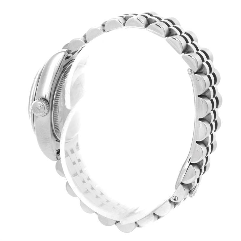 This image shows a side view of the Rolex Datejust 179174 Women's Stainless Steel Silver Dial 179174 Women's Stainless Steel Silver Dial watch, highlighting its crown and bracelet.