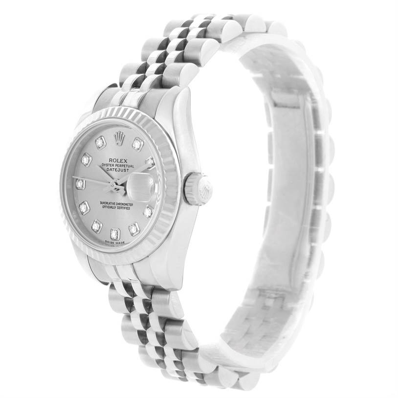 The Rolex Datejust 179174 Women's Stainless Steel Silver Dial 179174 Women's Stainless Steel Silver Dial watch is shown at a slight angle, displaying its face, bezel, and jubilee bracelet.