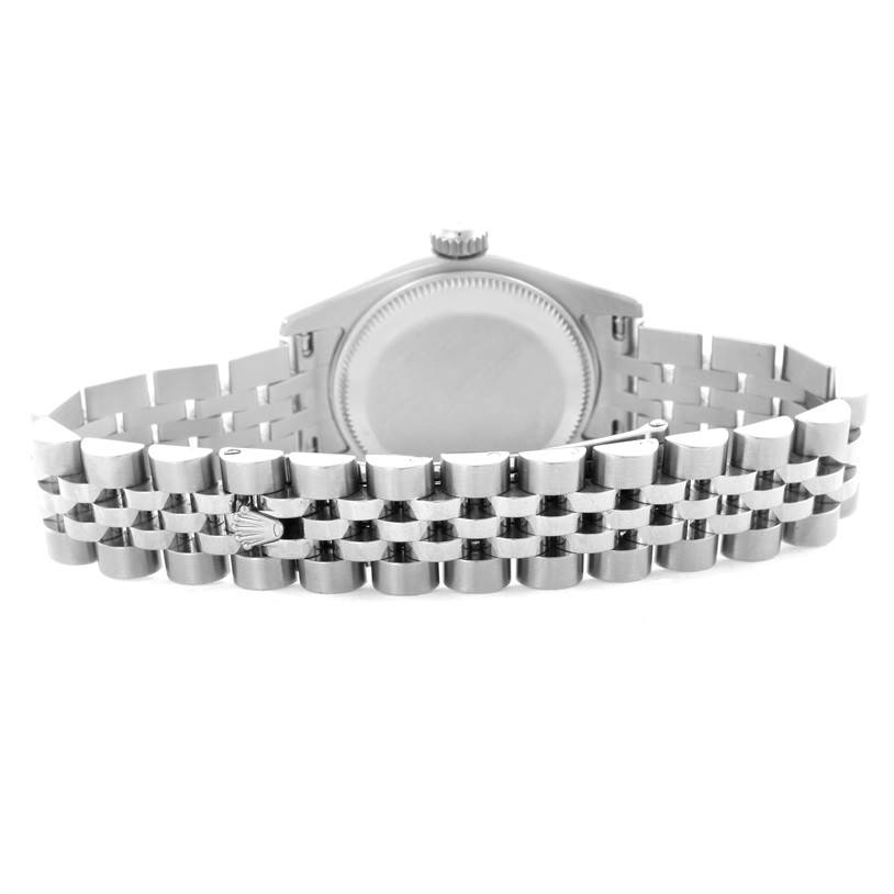 This image shows the backside and bracelet of a Rolex Datejust 179174 Women's Stainless Steel Silver Dial 179174 Women's Stainless Steel Silver Dial watch, highlighting its Jubilee bracelet design.