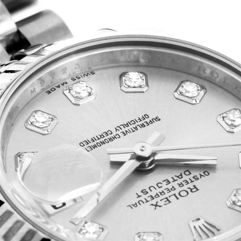 The image shows a close-up of the dial and part of the bezel of a Rolex Datejust 179174 Women's Stainless Steel Silver Dial 179174 Women's Stainless Steel Silver Dial watch, highlighting the date aperture and cyclops lens.