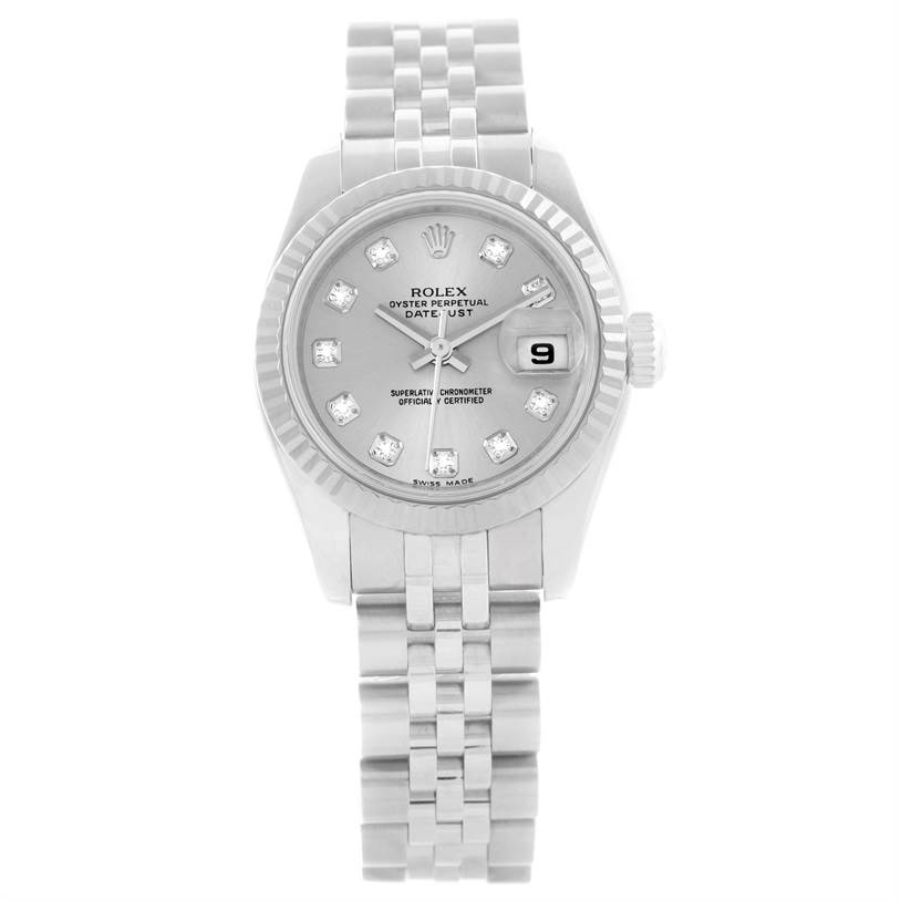 The image shows a Rolex Datejust 179174 Women's Stainless Steel Silver Dial 179174 Women's Stainless Steel Silver Dial watch from a front angle, highlighting the dial, bracelet, and bezel.