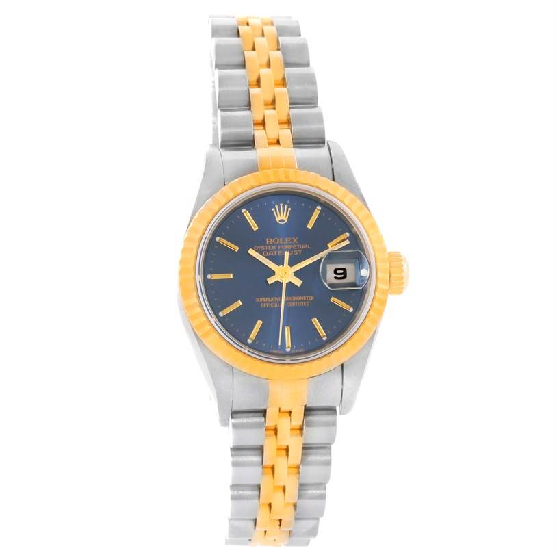 This image shows a front view of a Rolex Datejust 79173 Women's Stainless Steel Blue Dial 79173 Women's Stainless Steel Blue Dial watch, highlighting its two-tone bracelet and date display.