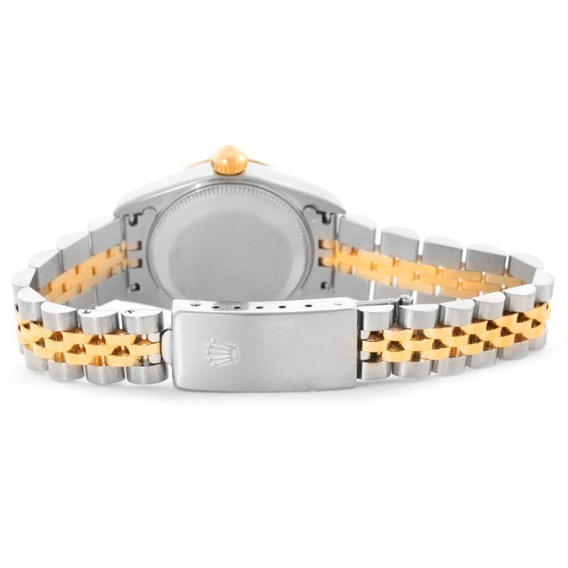 This image shows the back case and Jubilee bracelet of a Rolex Datejust 79173 Women's Stainless Steel Blue Dial 79173 Women's Stainless Steel Blue Dial watch.