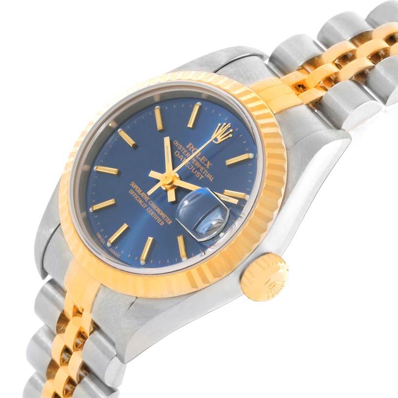 The image shows a Rolex Datejust 79173 Women's Stainless Steel Blue Dial 79173 Women's Stainless Steel Blue Dial watch at a tilted side angle, highlighting its bezel, crown, dial, and bracelet.