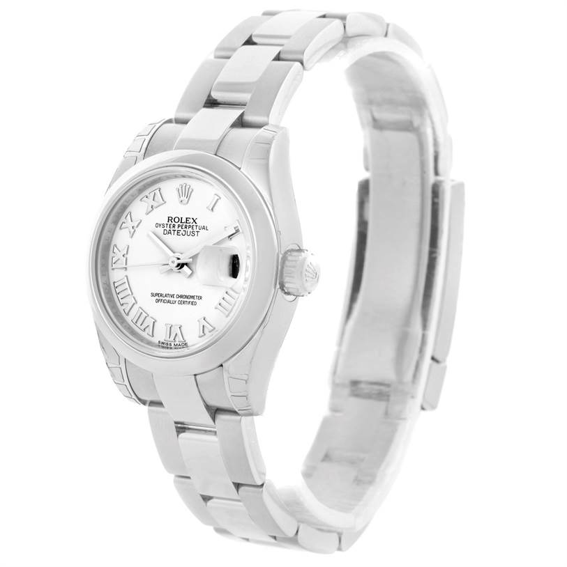 The image shows a Rolex Datejust 179160 Women's Stainless Steel White Dial 179160 Women's Stainless Steel White Dial watch from a slightly angled front view, displaying its face, bezel, and part of the bracelet.