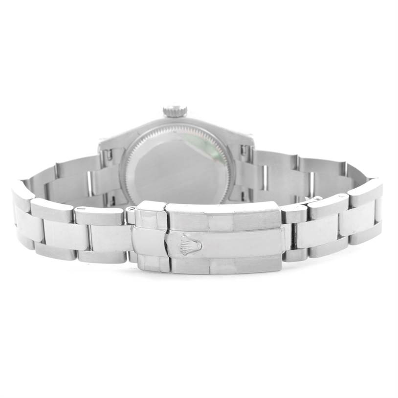 The image shows the back view of a Rolex Datejust 179160 Women's Stainless Steel White Dial 179160 Women's Stainless Steel White Dial model watch, highlighting the case back and the bracelet clasp.