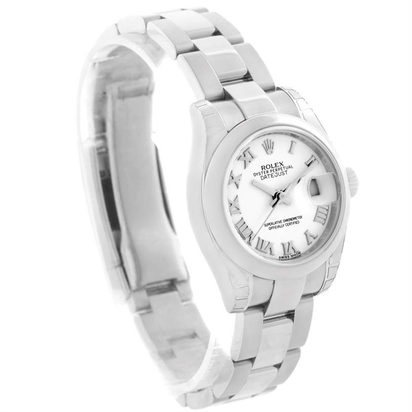 The image shows a Rolex Datejust 179160 Women's Stainless Steel White Dial 179160 Women's Stainless Steel White Dial watch at a slight angle, highlighting the face, bracelet, and clasp.