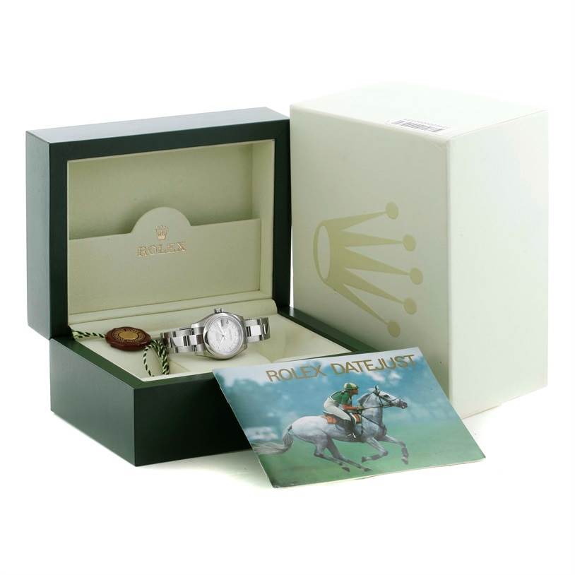 This image shows a Rolex Datejust 179160 Women's Stainless Steel White Dial 179160 Women's Stainless Steel White Dial watch in its open box, with a booklet and packaging.