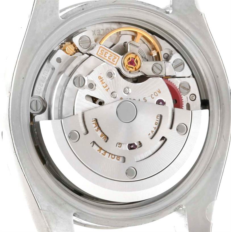The image shows the movement and internal mechanism of the Rolex Datejust 179160 Women's Stainless Steel White Dial 179160 Women's Stainless Steel White Dial watch from a rear angle.