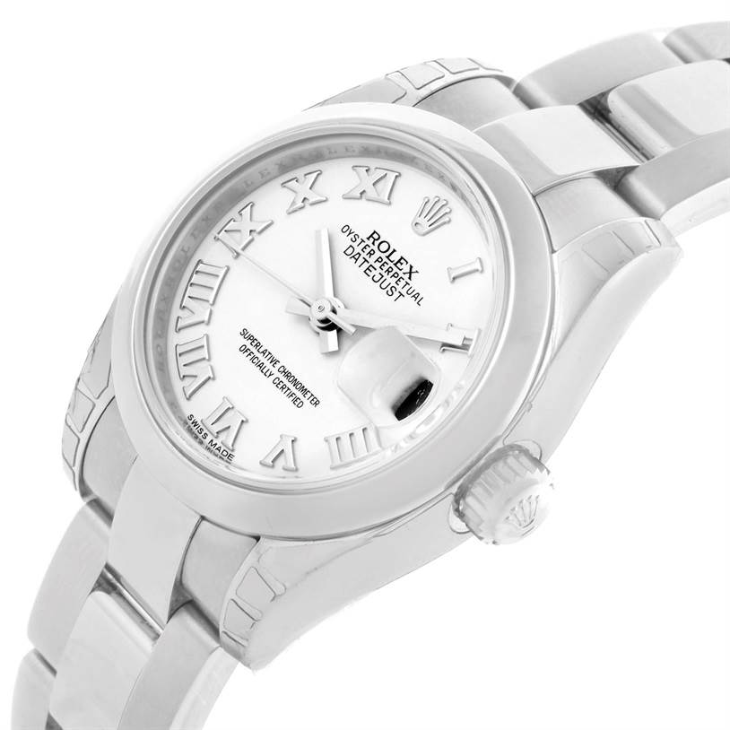 The image shows a Rolex Datejust 179160 Women's Stainless Steel White Dial 179160 Women's Stainless Steel White Dial watch angled slightly from the right side, highlighting the face, bezel, and part of the bracelet.