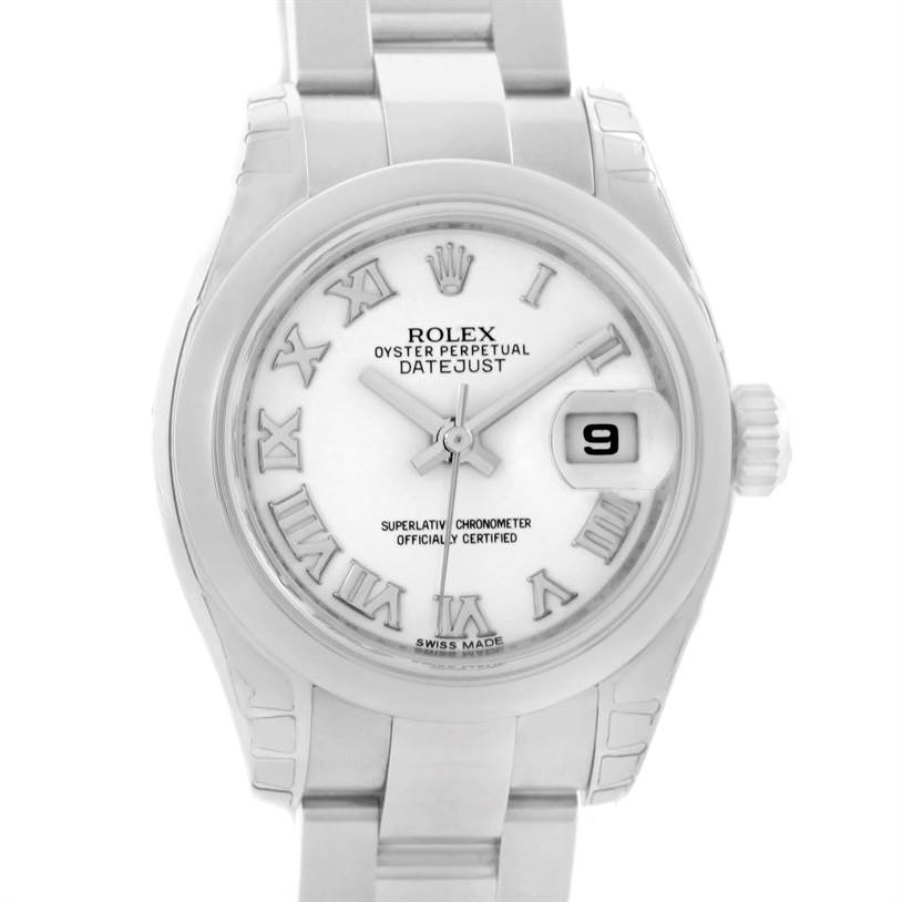 This image shows a frontal view of the Rolex Datejust 179160 Women's Stainless Steel White Dial 179160 Women's Stainless Steel White Dial watch, highlighting its dial, date window, hands, and part of the bracelet.