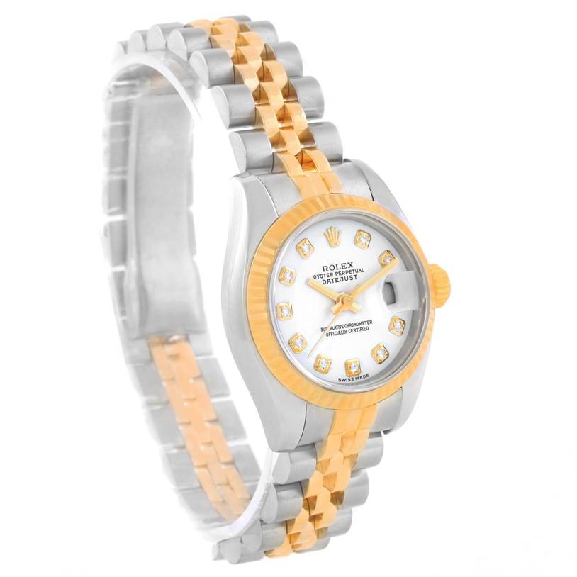 This image shows a side-angle view of a Rolex Datejust 179173 Women's Steel and Gold (two tone) White Dial 179173 Women's Steel and Gold (two tone) White Dial watch featuring a two-tone band and a diamond-studded dial.