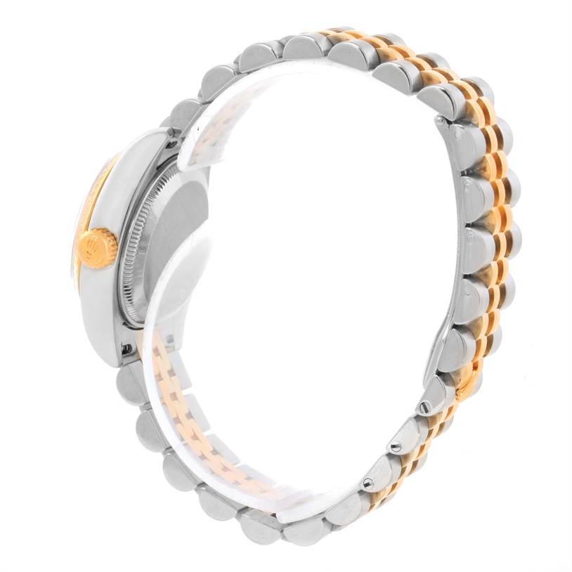 The image shows a side view of the Rolex Datejust 179173 Women's Steel and Gold (two tone) White Dial 179173 Women's Steel and Gold (two tone) White Dial watch, highlighting the case and two-tone bracelet.