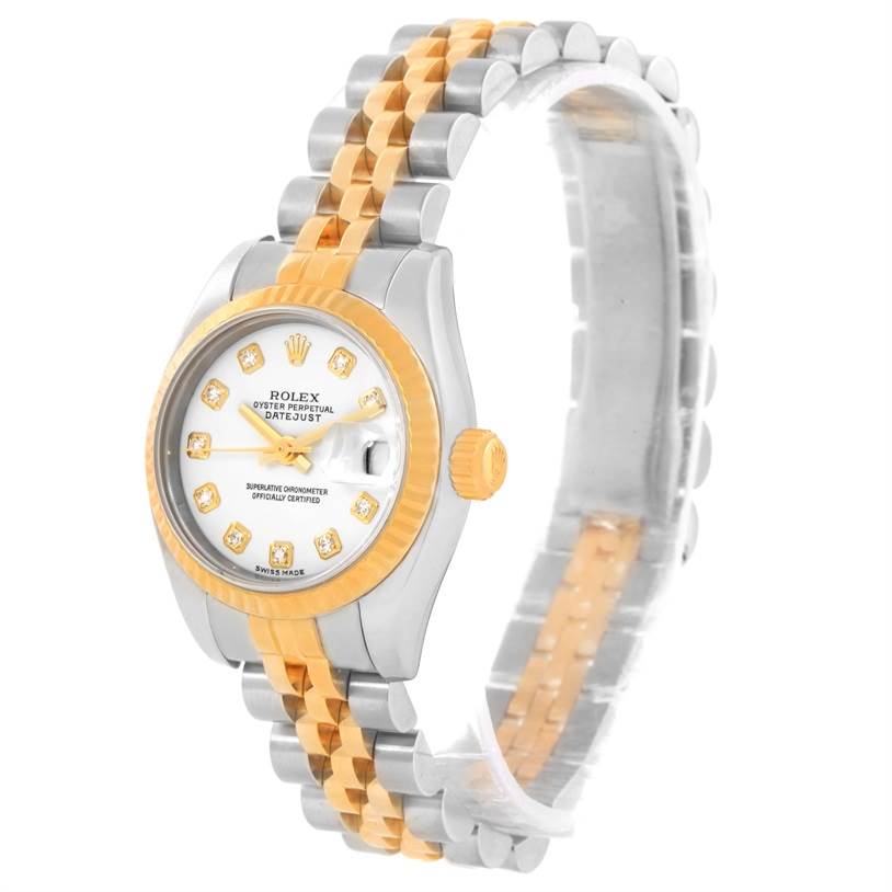 The Rolex Datejust 179173 Women's Steel and Gold (two tone) White Dial 179173 Women's Steel and Gold (two tone) White Dial watch is displayed at a three-quarter angle, showcasing the face, bezel, crown, and two-tone bracelet.
