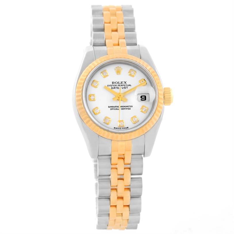 This is a front view of a Rolex Datejust 179173 Women's Steel and Gold (two tone) White Dial 179173 Women's Steel and Gold (two tone) White Dial watch showing its face, bezel, crown, and two-tone bracelet.