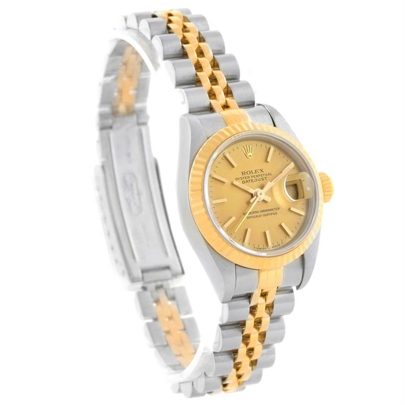The image shows a Rolex Datejust 69173 Women's Stainless Steel Champagne Dial 69173 Women's Stainless Steel Champagne Dial watch at an oblique angle, highlighting the two-tone bracelet, gold bezel, and face.
