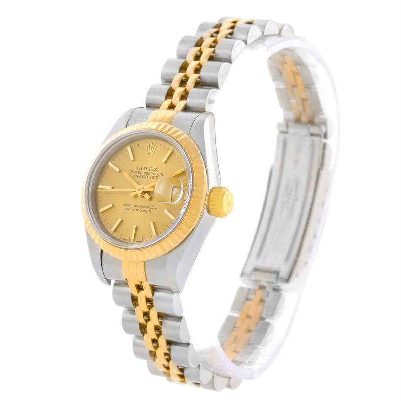 The image shows a Rolex Datejust 69173 Women's Stainless Steel Champagne Dial 69173 Women's Stainless Steel Champagne Dial watch at a three-quarter angle, highlighting its gold dial, bezel, and two-tone bracelet.