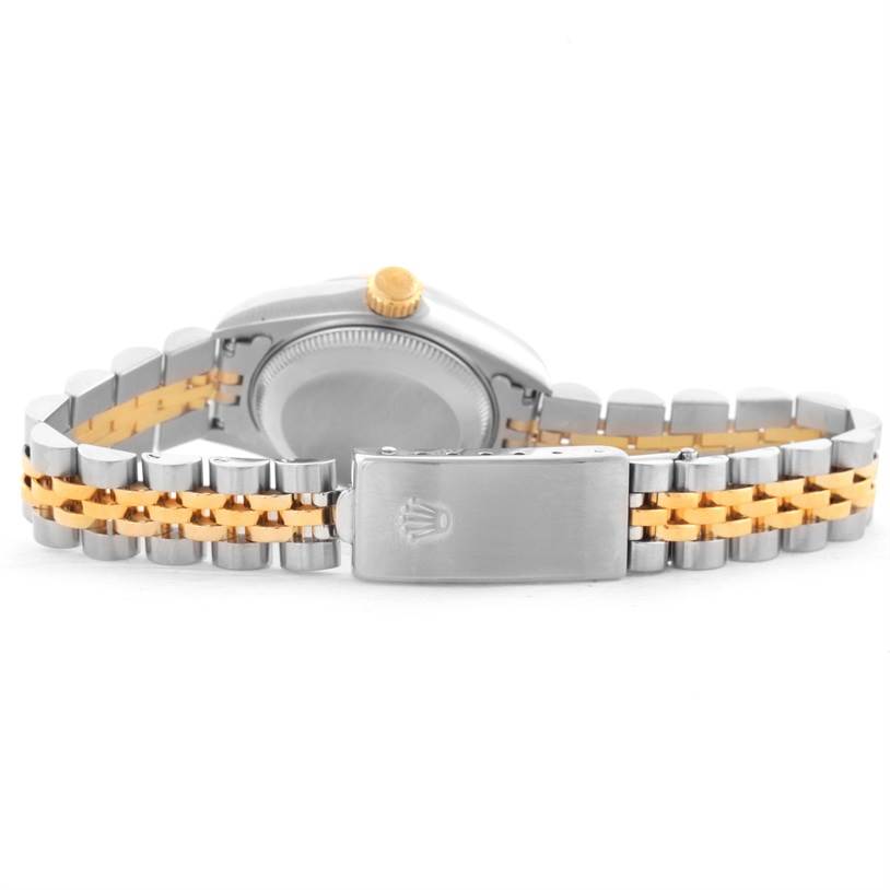 The image shows the back of a Rolex Datejust 69173 Women's Stainless Steel Champagne Dial 69173 Women's Stainless Steel Champagne Dial watch, highlighting its two-tone bracelet and clasp.
