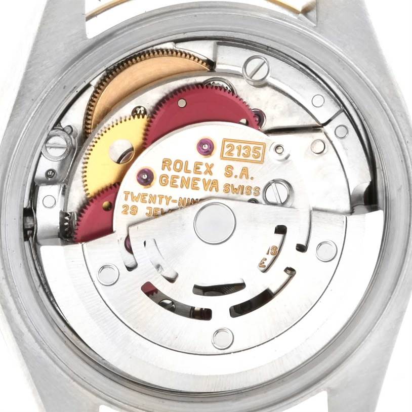 This image shows a close-up of the movement inside the back of a Rolex Datejust 69173 Women's Stainless Steel Champagne Dial 69173 Women's Stainless Steel Champagne Dial watch.