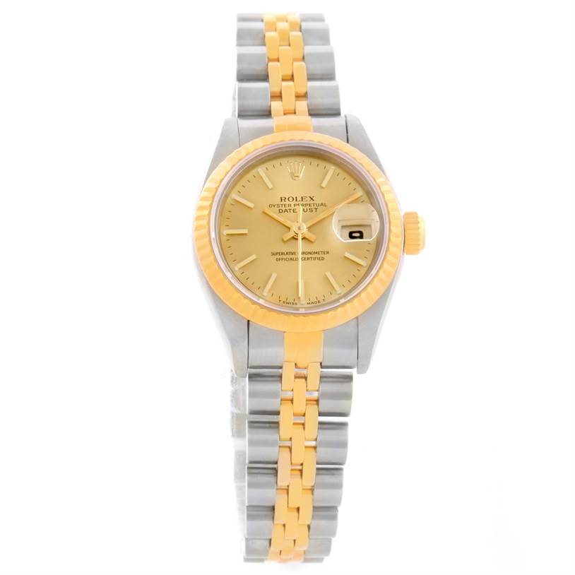 The image shows a front view of a Rolex Datejust 69173 Women's Stainless Steel Champagne Dial 69173 Women's Stainless Steel Champagne Dial watch, displaying its gold dial, two-tone bracelet, and fluted bezel.
