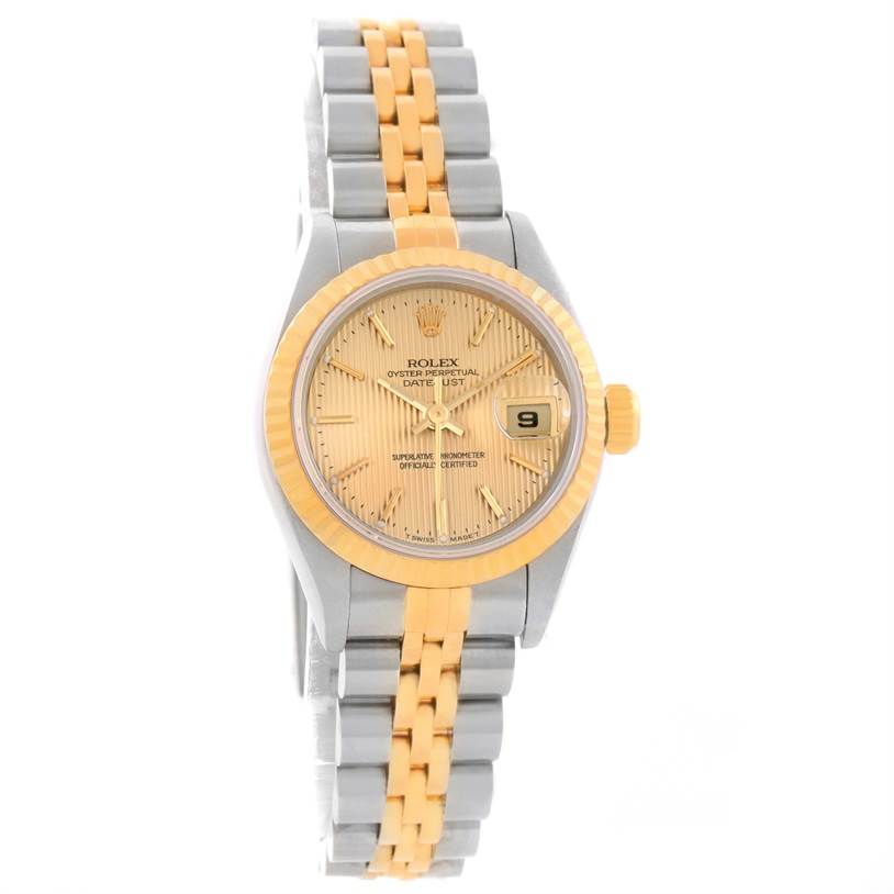 This image shows a Rolex Datejust 69173 Women's Stainless Steel Champagne Dial 69173 Women's Stainless Steel Champagne Dial watch from a front angle, highlighting its two-tone bracelet, dial, and fluted bezel.