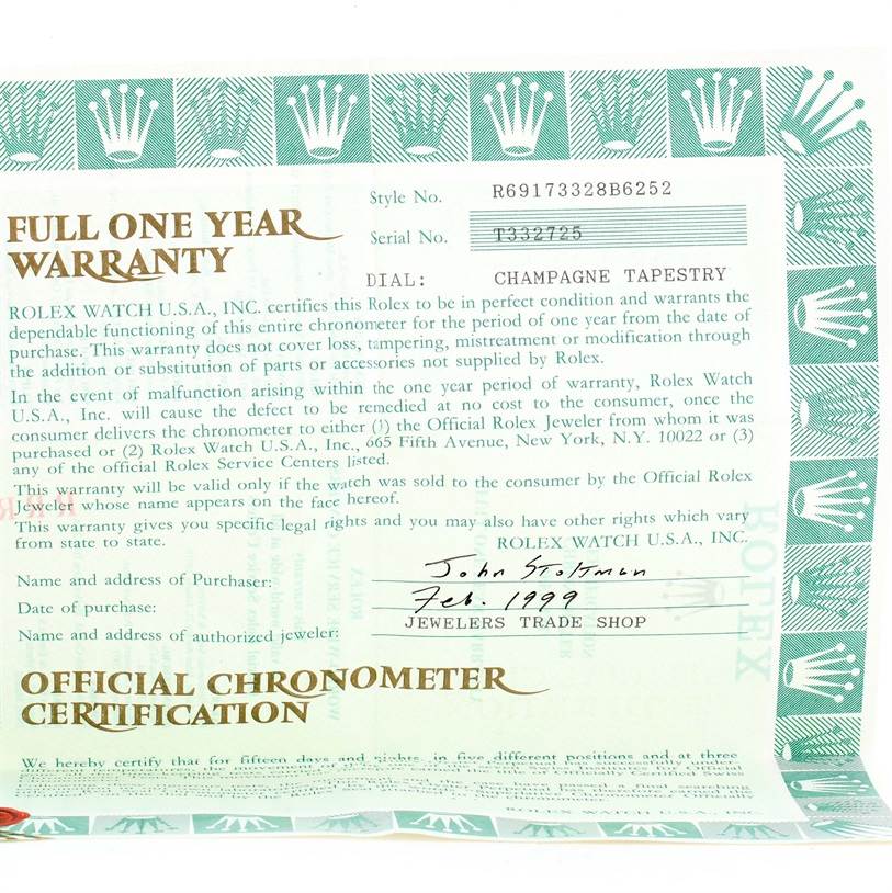 This image shows a warranty card for the Rolex Datejust 69173 Women's Stainless Steel Champagne Dial 69173 Women's Stainless Steel Champagne Dial watch model.