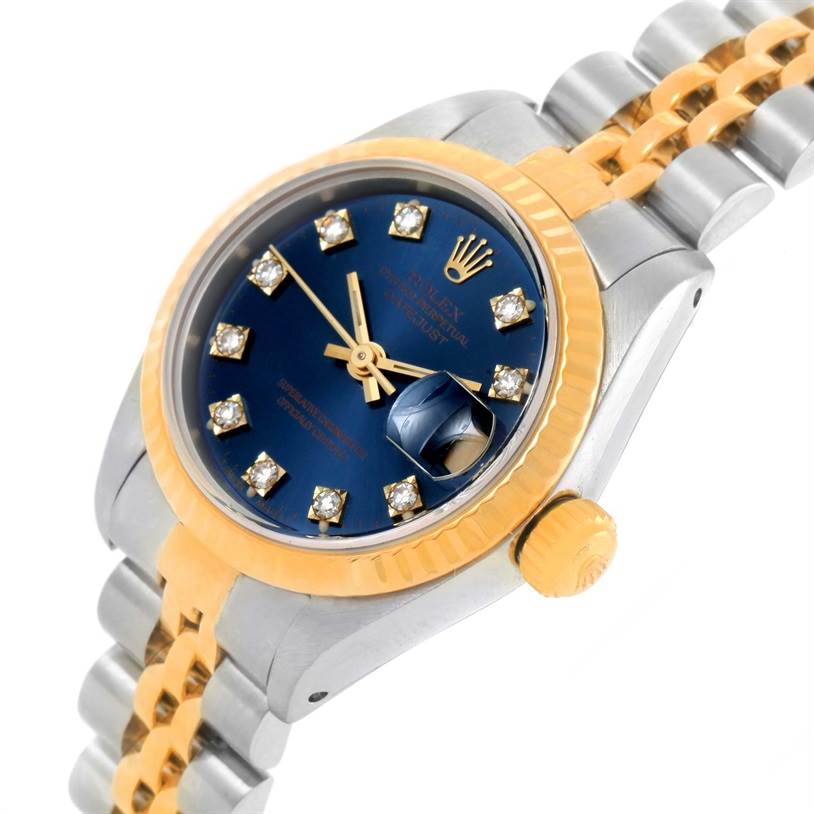 This image shows a Rolex Datejust 69173 Women
s Stainless Steel Blue Dial 69173 Women
s Stainless Steel Blue Dial watch at an angled view, highlighting the bezel, dial, crown, and part of the bracelet.