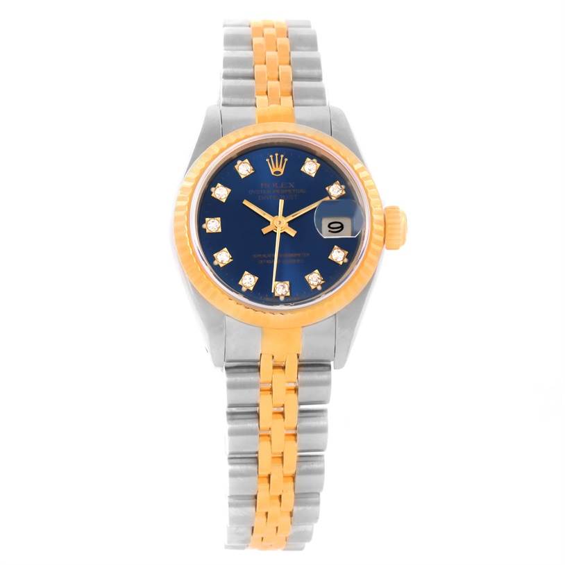 The image shows a front view of a Rolex Datejust 69173 Women
s Stainless Steel Blue Dial 69173 Women
s Stainless Steel Blue Dial watch, displaying its face, bezel, and bracelet.