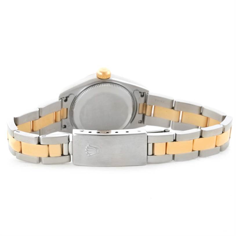 This image shows the back view and bracelet of a Rolex Datejust 79163 Women
s Steel and Gold (two tone) Blue Dial 79163 Women
s Steel and Gold (two tone) Blue Dial watch.