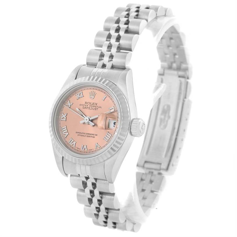 This image shows a Rolex Datejust 69174 Women
s Stainless Steel Pink Dial 69174 Women
s Stainless Steel Pink Dial model watch at a three-quarter angle, highlighting the dial, bracelet, and clasp.