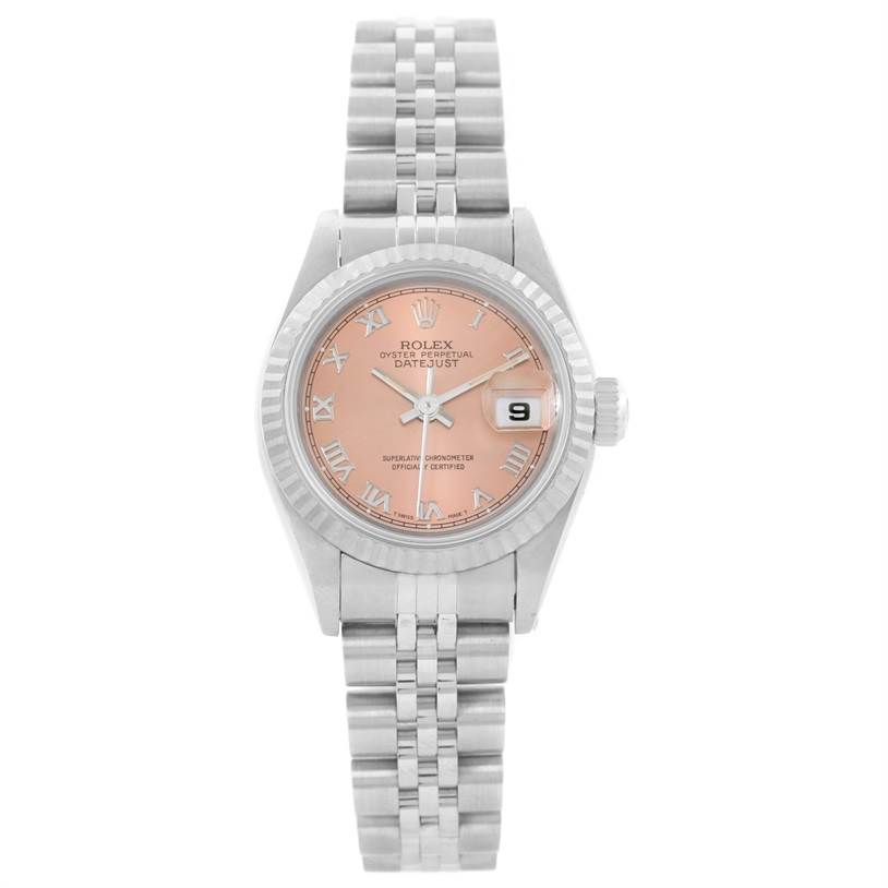 This image shows a Rolex Datejust 69174 Women
s Stainless Steel Pink Dial 69174 Women
s Stainless Steel Pink Dial watch, featuring a peach dial, fluted bezel, and Jubilee bracelet, viewed from the front.