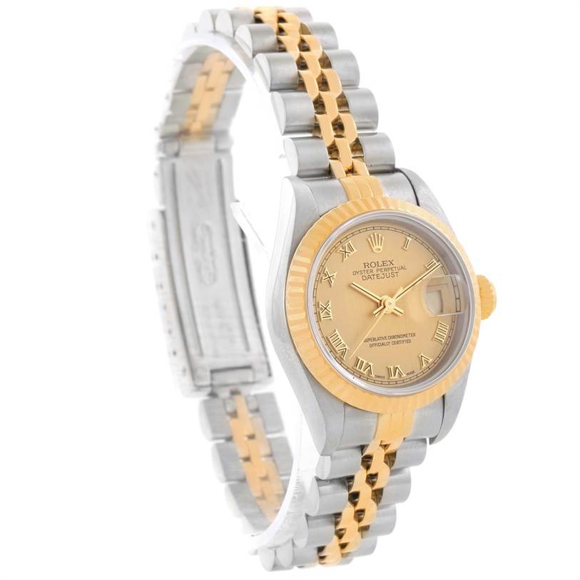 The image showcases a Rolex Datejust 69173 Women's Stainless Steel Champagne Dial 69173 Women's Stainless Steel Champagne Dial watch at a slight angle, highlighting the gold bezel, champagne dial, and two-tone bracelet.