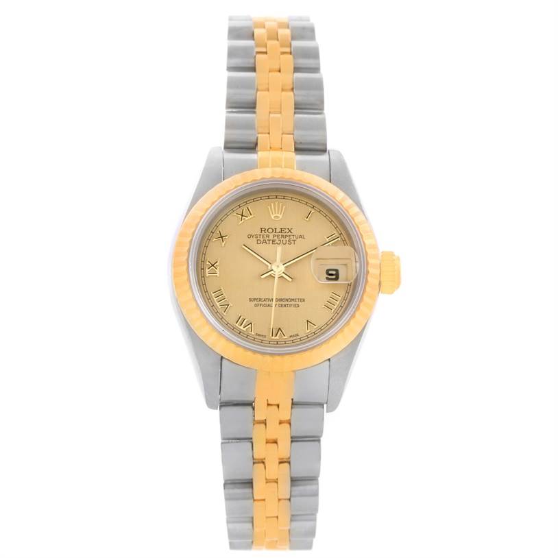 The image shows a front view of a Rolex Datejust 69173 Women's Stainless Steel Champagne Dial 69173 Women's Stainless Steel Champagne Dial watch, highlighting its two-tone bracelet, gold dial, and date display.