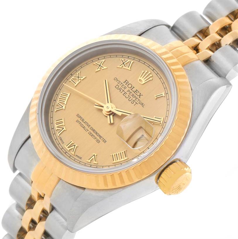The image shows a close-up angled view of the face, bezel, and partial bracelet of the Rolex Datejust 69173 Women's Stainless Steel Champagne Dial 69173 Women's Stainless Steel Champagne Dial watch.