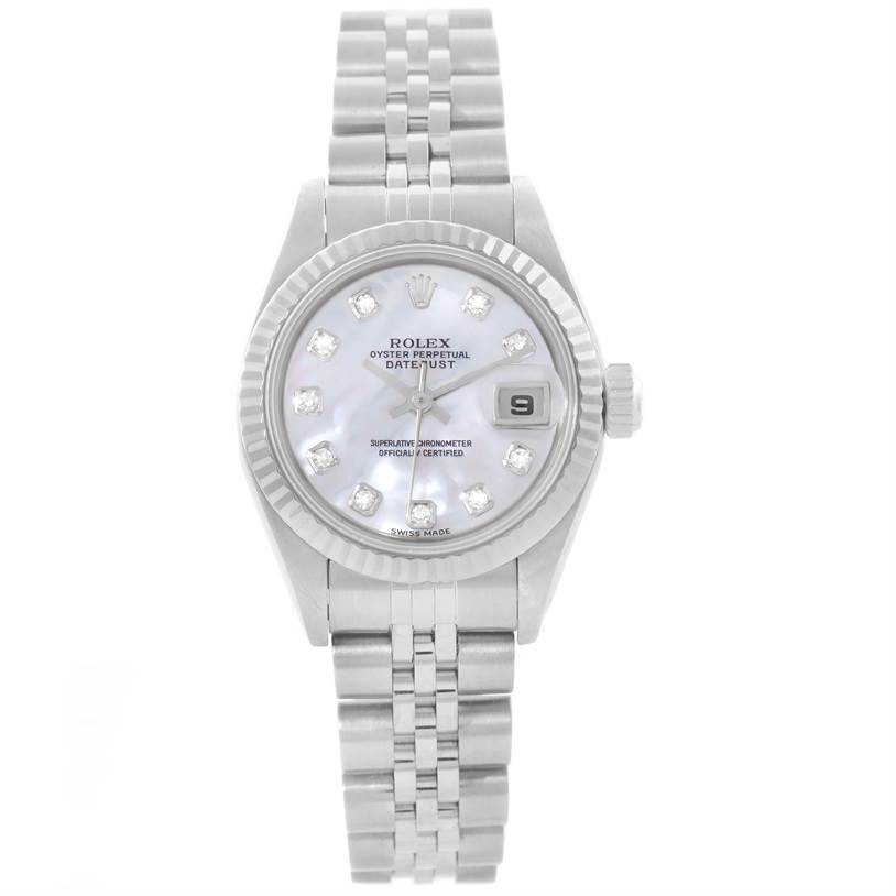 This image shows a frontal view of a Rolex Datejust 79174 Women
s Stainless Steel Mother of Pearl Dial 79174 Women
s Stainless Steel Mother of Pearl Dial watch, displaying its face, bezel, crown, and bracelet.