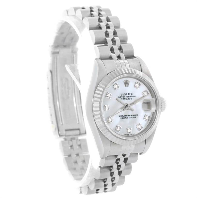 The image shows a Rolex Datejust 79174 Women
s Stainless Steel Mother of Pearl Dial 79174 Women
s Stainless Steel Mother of Pearl Dial watch at a 3/4 angle, displaying the face, bezel, and bracelet.