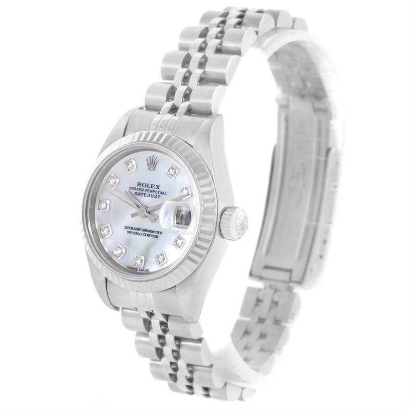 The image shows a Rolex Datejust 79174 Women
s Stainless Steel Mother of Pearl Dial 79174 Women
s Stainless Steel Mother of Pearl Dial watch at a slight side angle, displaying the dial, crown, bezel, and Jubilee bracelet.