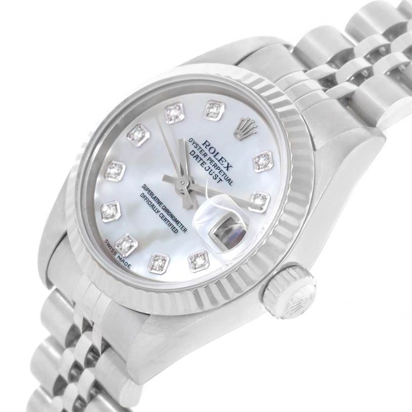 The Rolex Datejust 79174 Women
s Stainless Steel Mother of Pearl Dial 79174 Women
s Stainless Steel Mother of Pearl Dial watch is shown from an angled top view, highlighting the dial, bezel, and part of the bracelet.