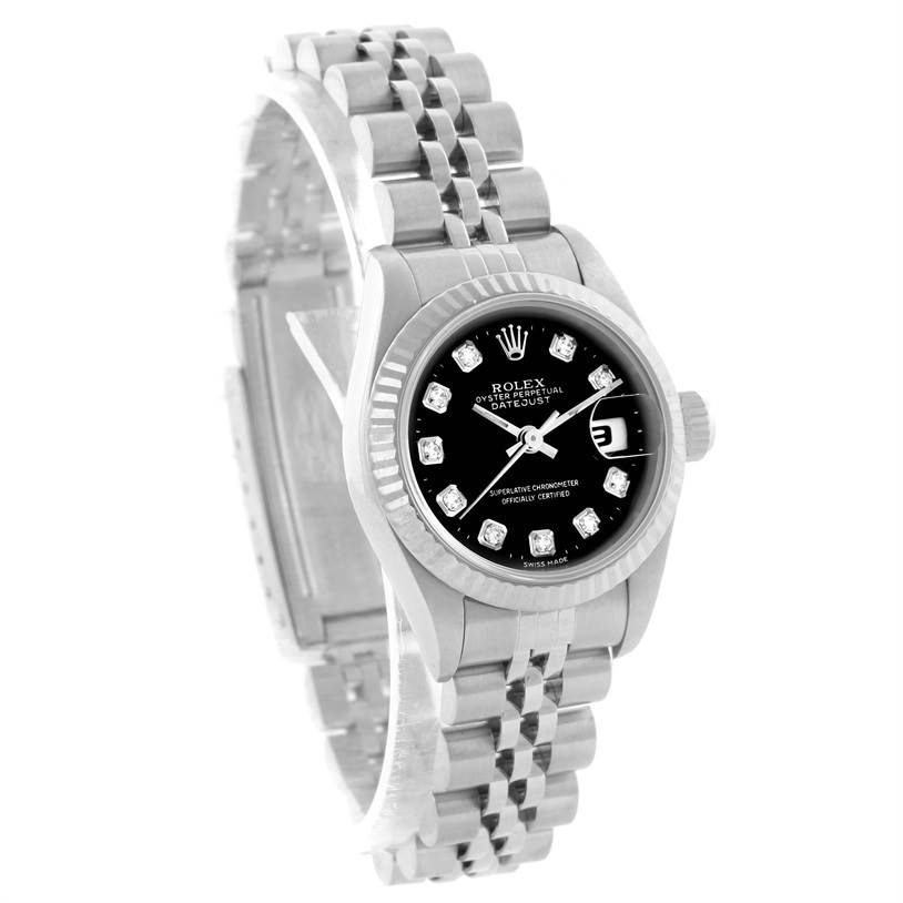 The image shows the front view of a Rolex Datejust 69174 Women
s Stainless Steel Black Dial 69174 Women
s Stainless Steel Black Dial watch with a black dial and jubilee bracelet.
