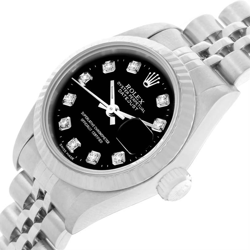 The image shows a close-up angled view of the Rolex Datejust 69174 Women
s Stainless Steel Black Dial 69174 Women
s Stainless Steel Black Dial model, highlighting the case, dial, and a portion of the bracelet.