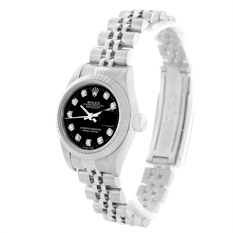 The Rolex Datejust 69174 Women
s Stainless Steel Black Dial 69174 Women
s Stainless Steel Black Dial watch is shown at a slight left angle, displaying the face, bezel, and jubilee bracelet.