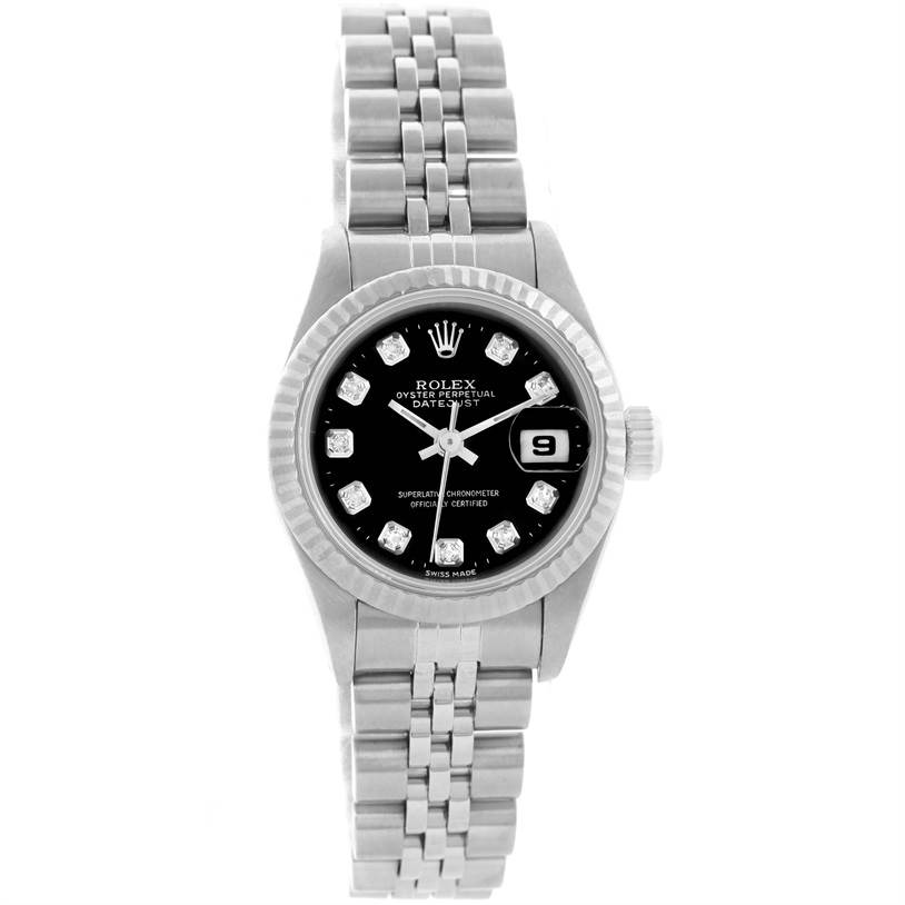This Rolex Datejust 69174 Women
s Stainless Steel Black Dial 69174 Women
s Stainless Steel Black Dial watch is shown from a straight-on angle, displaying the dial, bezel, bracelet, and date window.