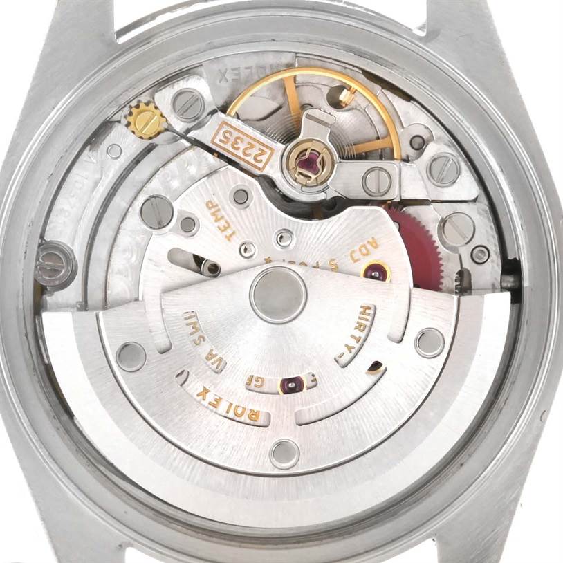 This image shows the intricate internal mechanism of a Rolex Datejust 79174 Women
s Stainless Steel Blue Dial 79174 Women
s Stainless Steel Blue Dial watch from a rear angle.